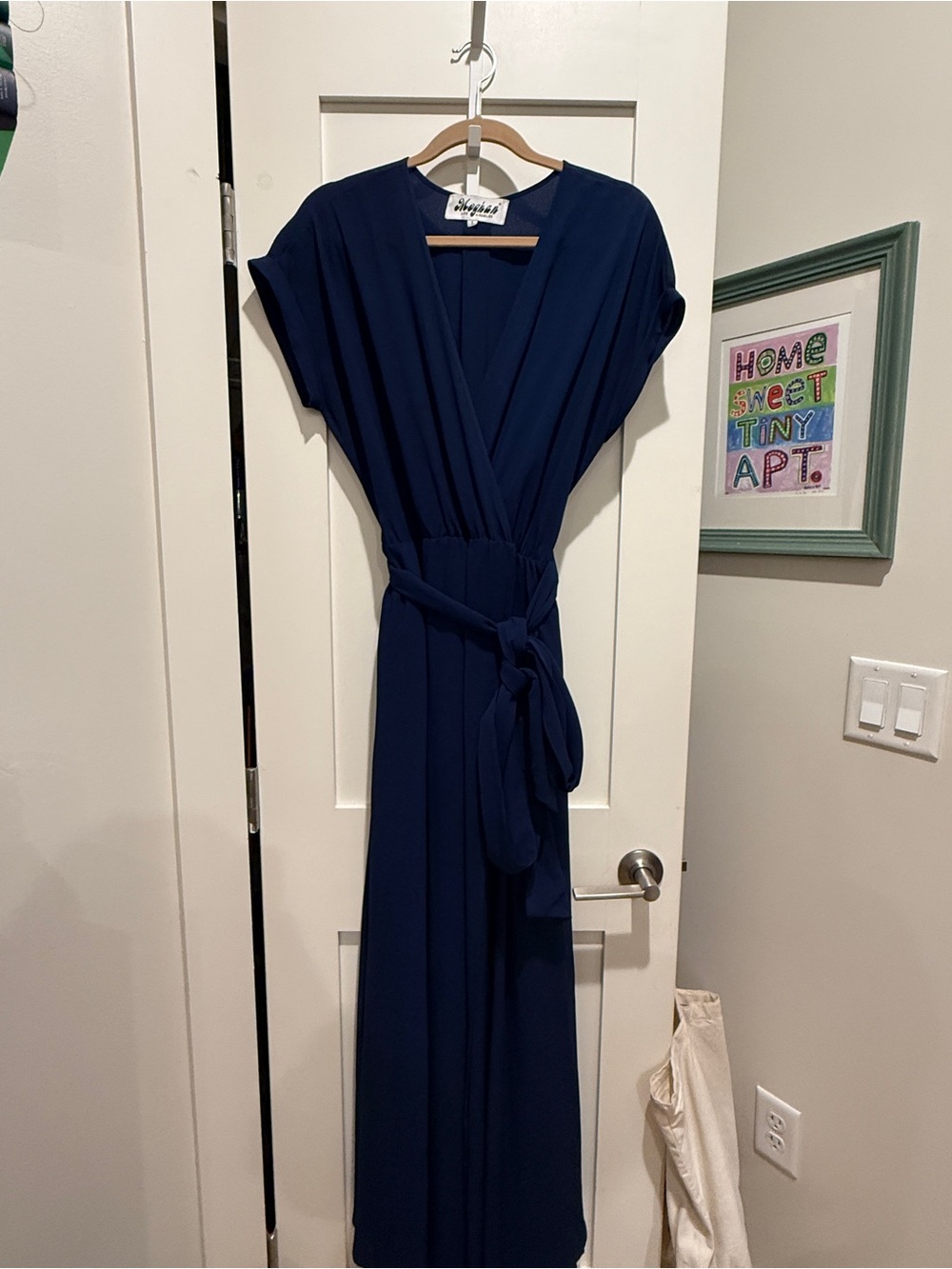 Meghan LA Navy Wrap Maxi Wedding Guest Dress with Waist Tie